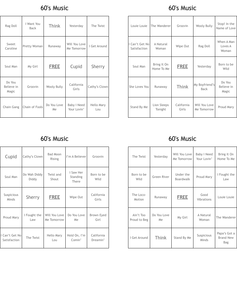 60's Music Bingo Cards