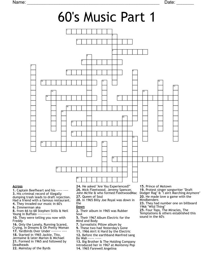 60's Music Part 1 Crossword