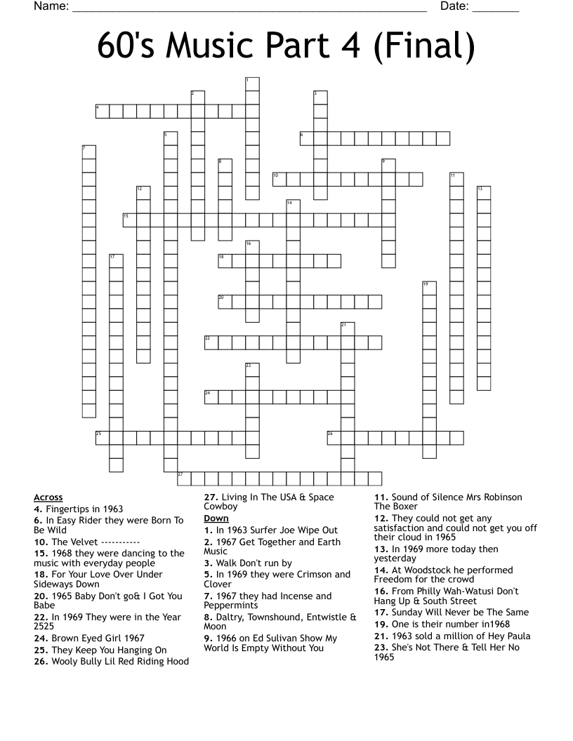 60's Music Part 4 (Final) Crossword