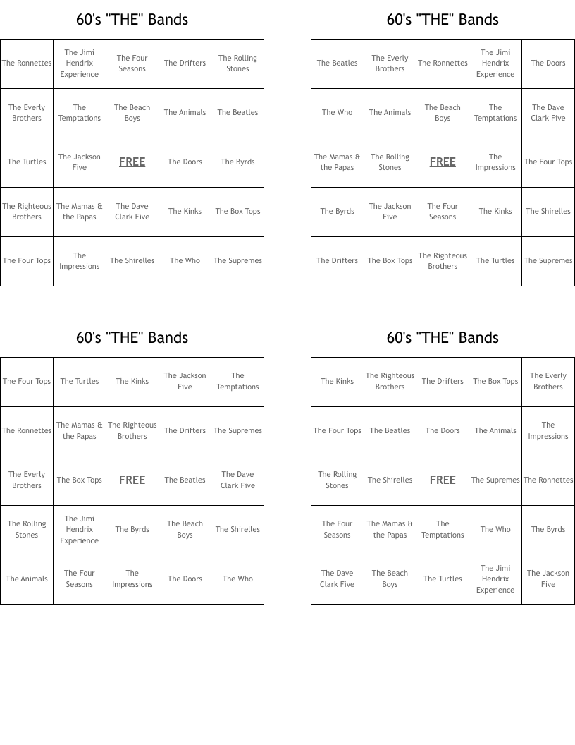 60's "THE" Bands Bingo Cards