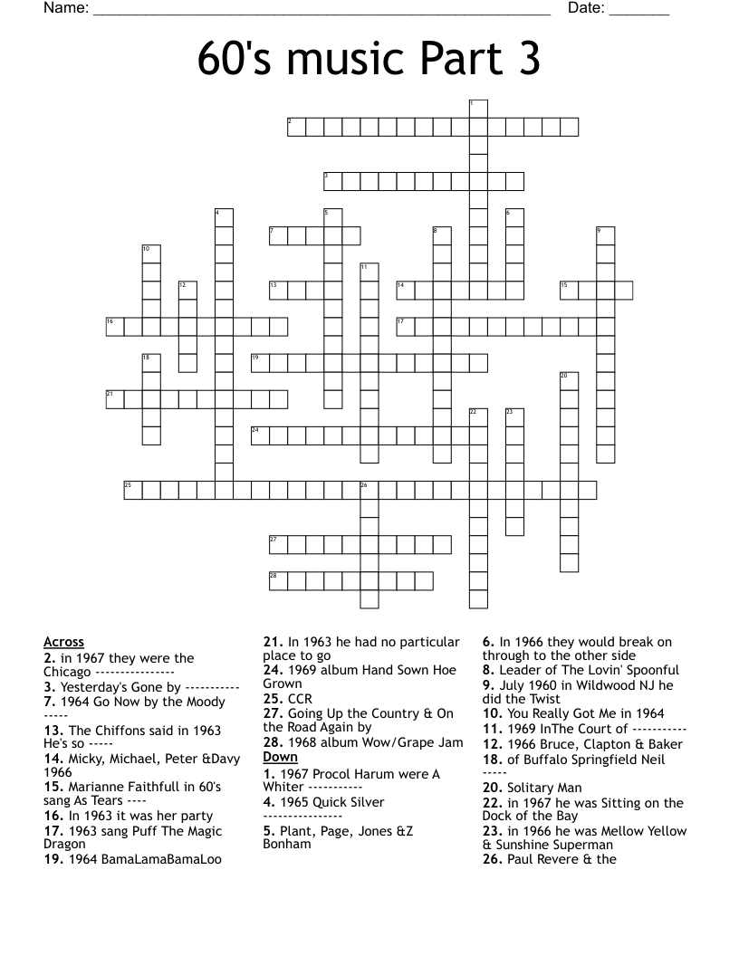 60's music Part 3 Crossword