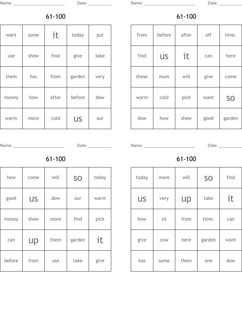 61-100 Bingo Cards