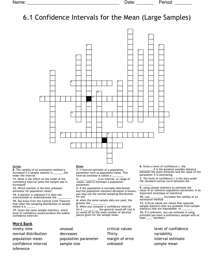 6.1 Confidence Intervals for the Mean (Large Samples)  Crossword