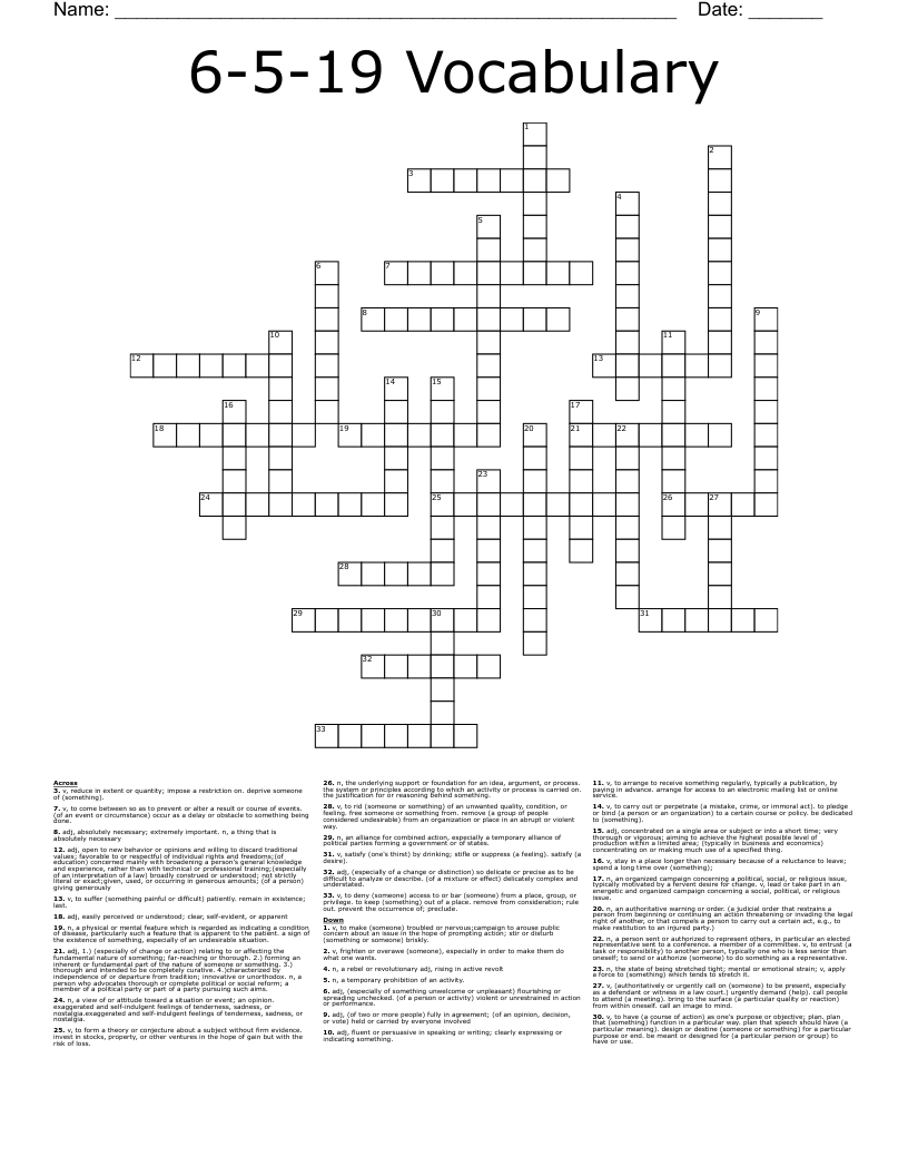 6-5-19 Vocabulary Crossword