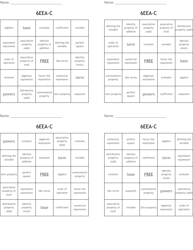 6EEA-C Bingo Cards