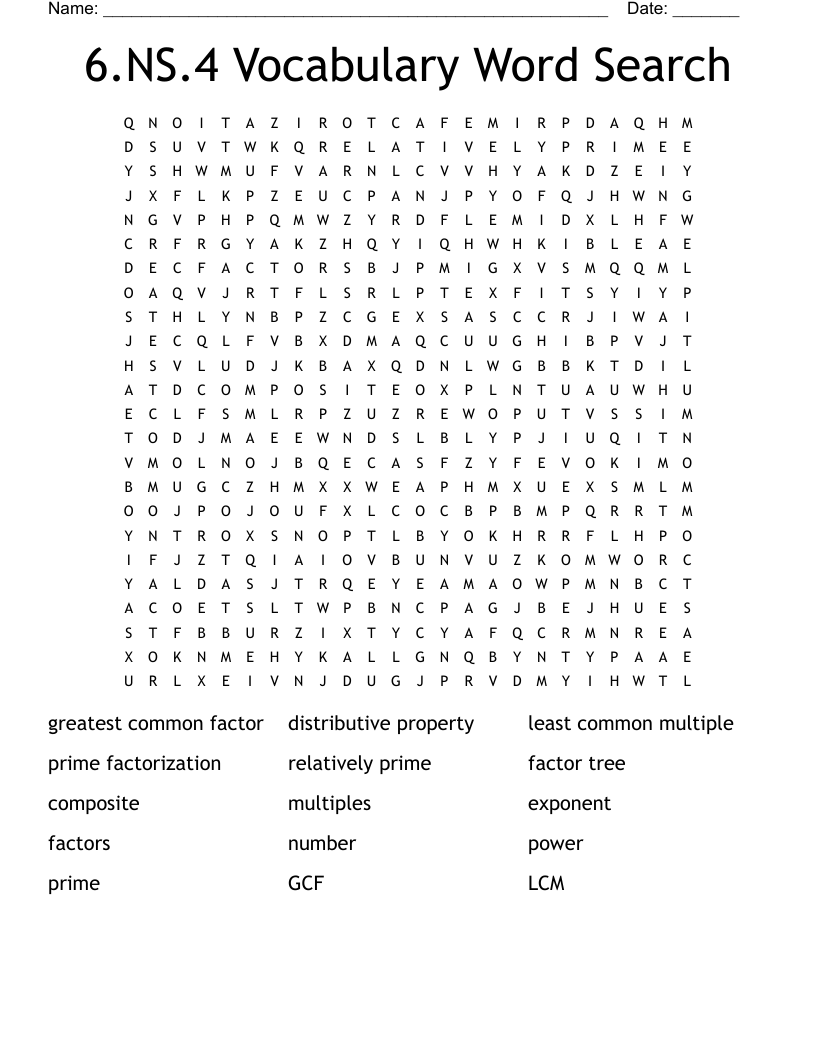 6.NS.4 Vocabulary Word Search