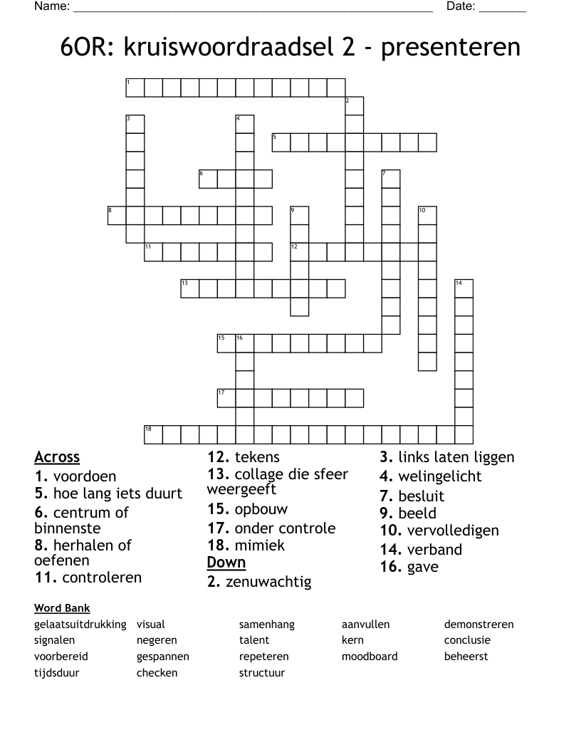 6OR: kruiswoordraadsel 2 - presenteren Crossword