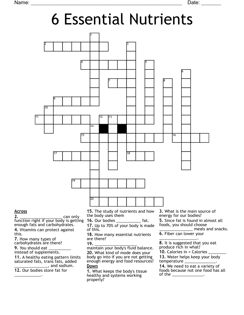 6 Essential Nutrients Crossword