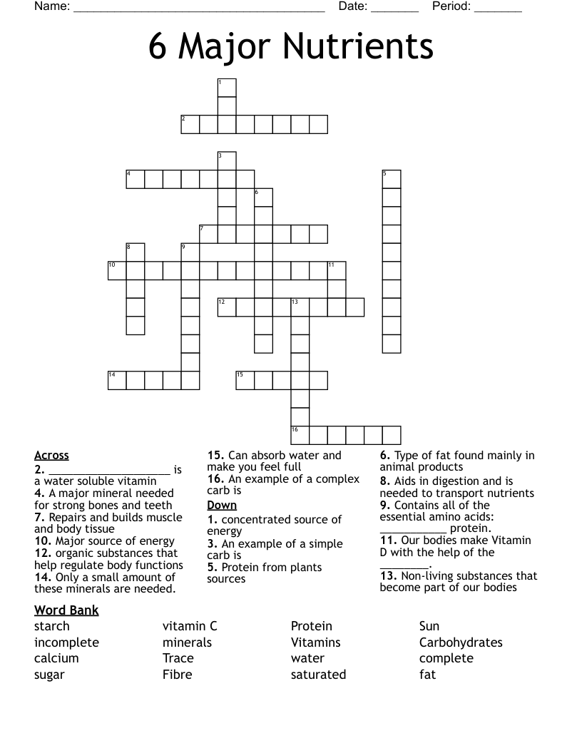 6 Major Nutrients Crossword