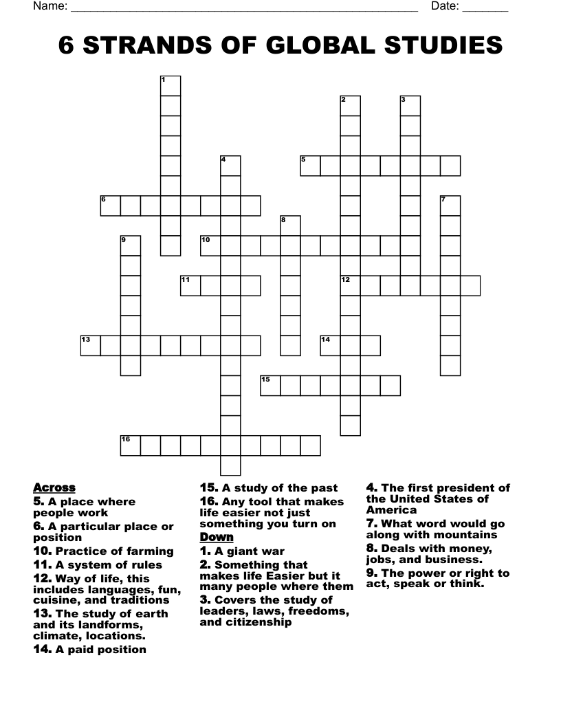 6 STRANDS OF GLOBAL STUDIES Crossword