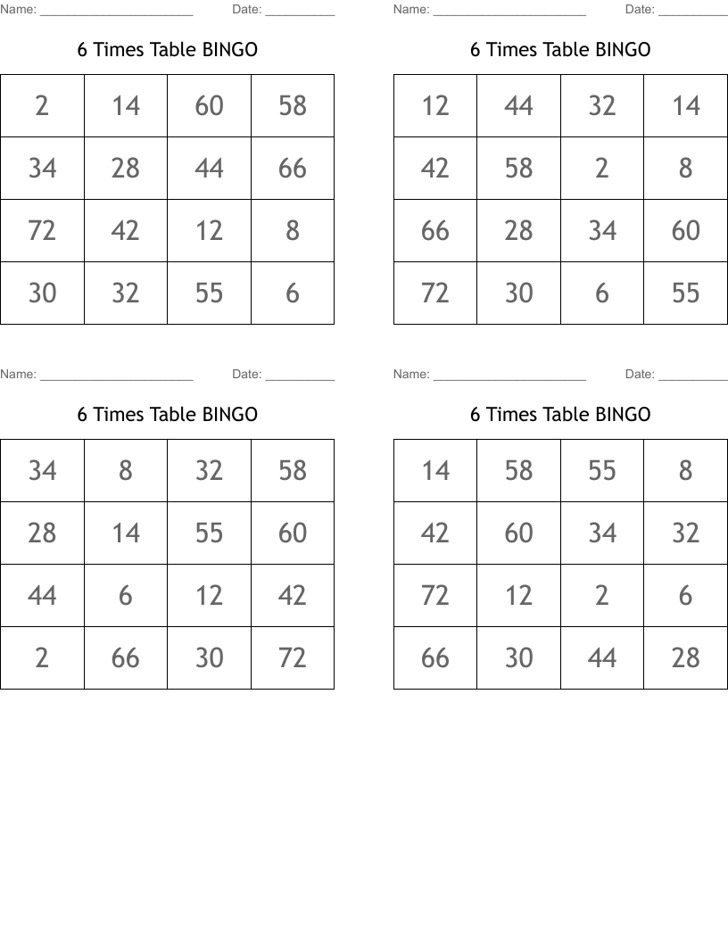 6 Times Table BINGO