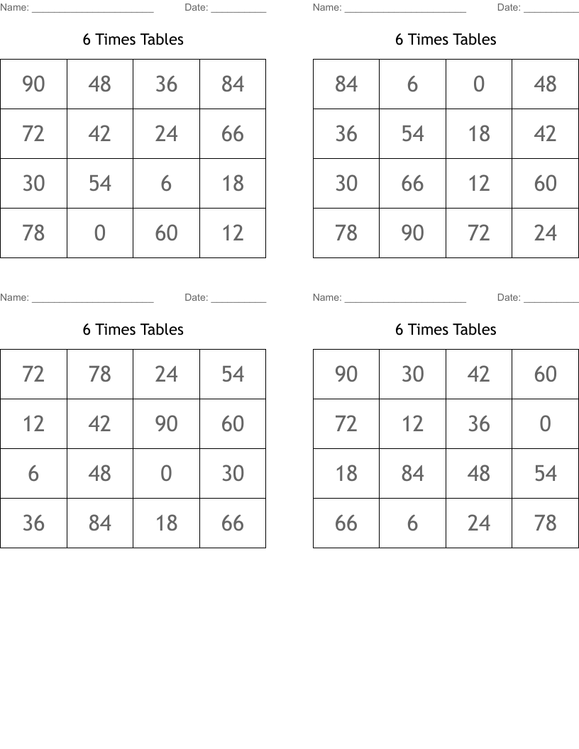 6 Times Tables Bingo Cards