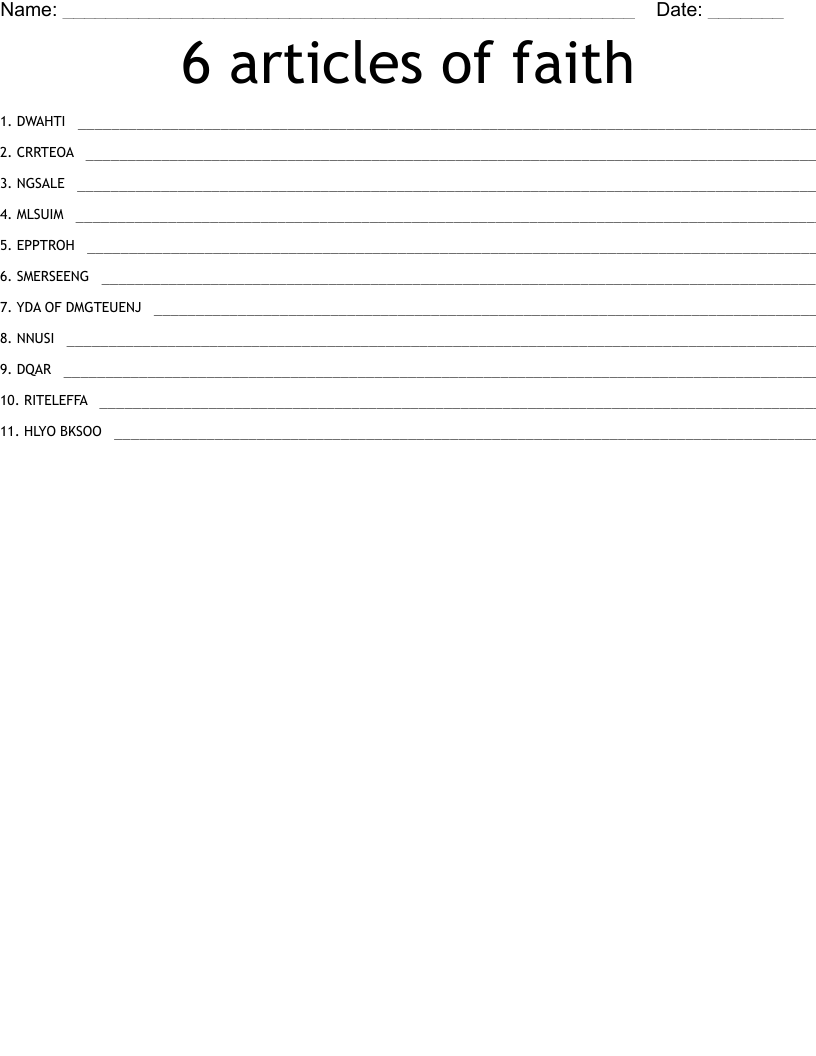 6 articles of faith  Word Scramble