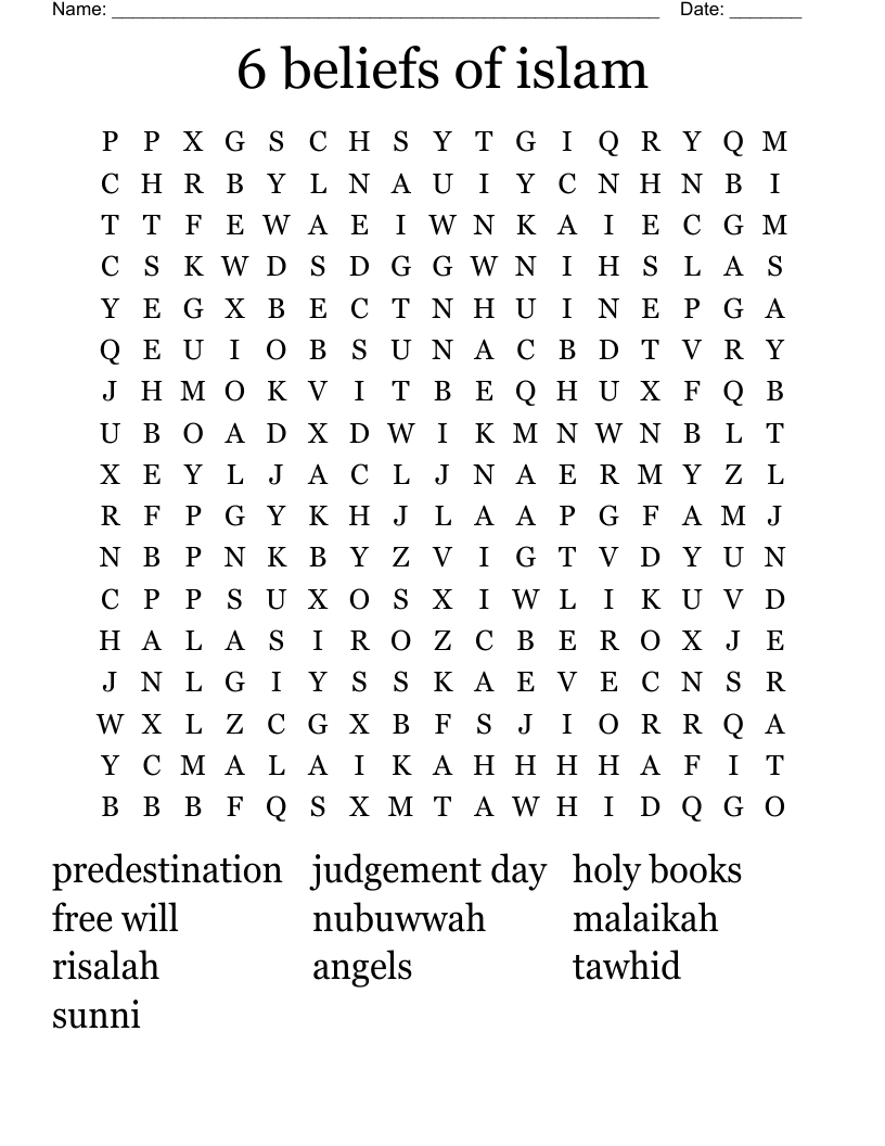 6 beliefs of islam Word Search