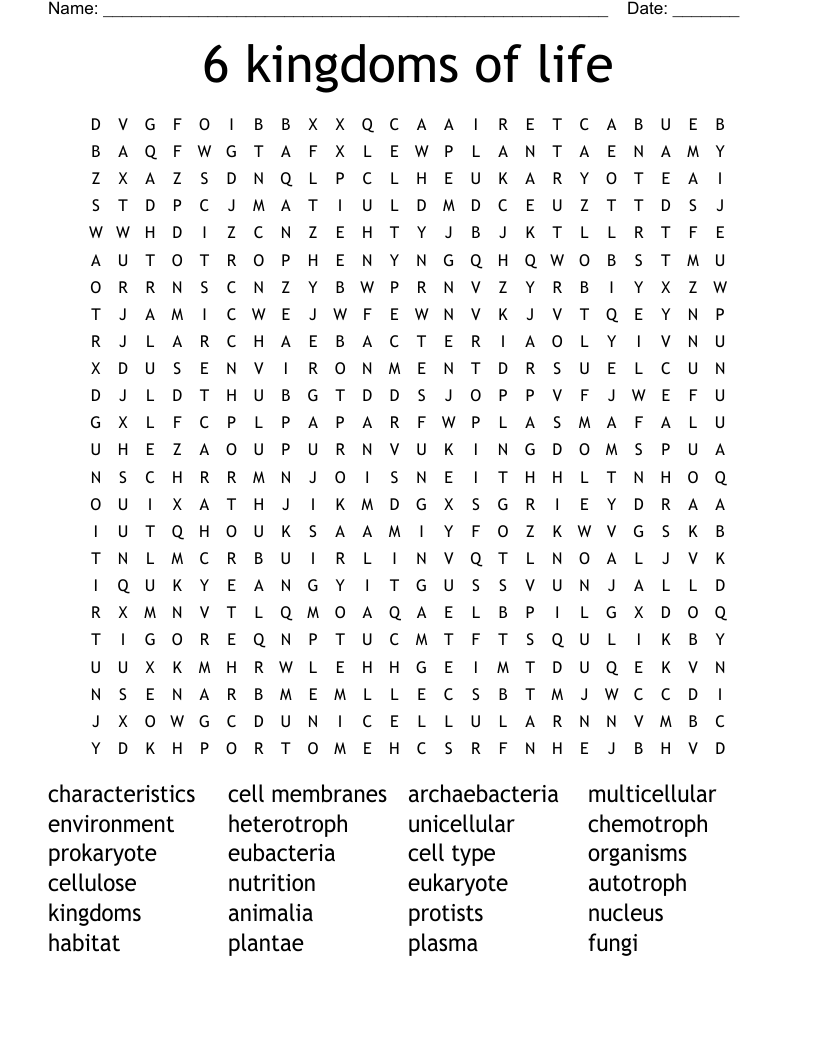 6 kingdoms of life Word Search