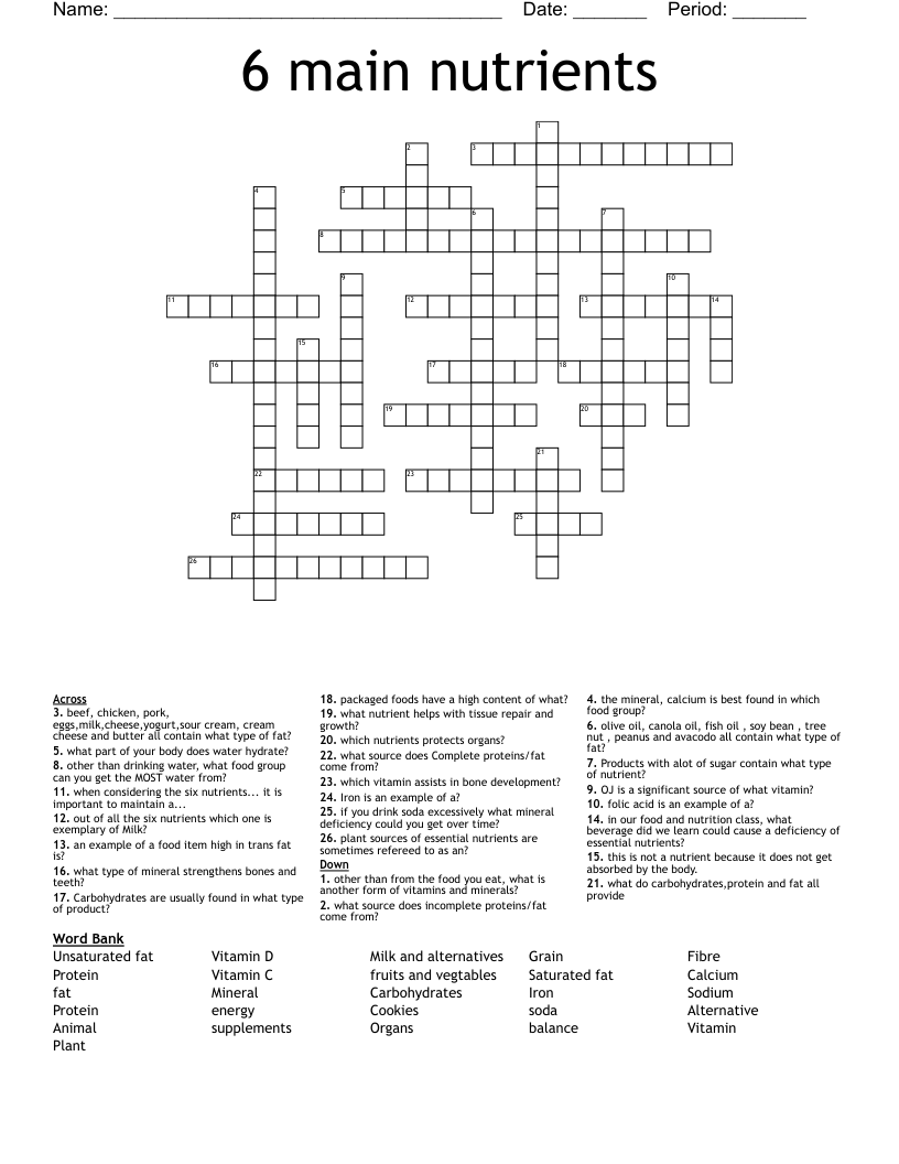 6 main nutrients Crossword