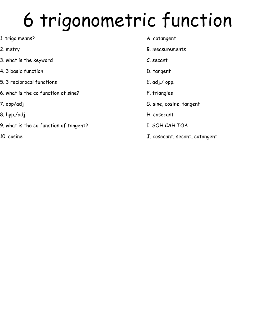 6 trigonometric function Worksheet