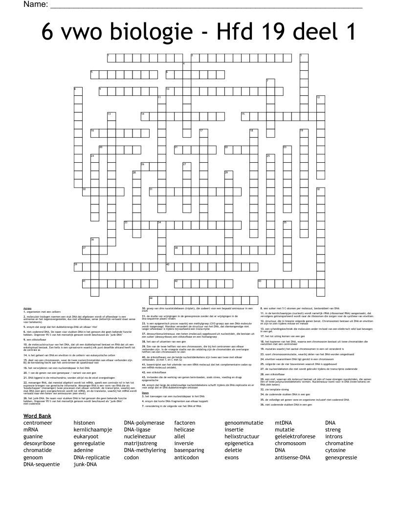 6 vwo biologie - Hfd 19 deel 1 Crossword