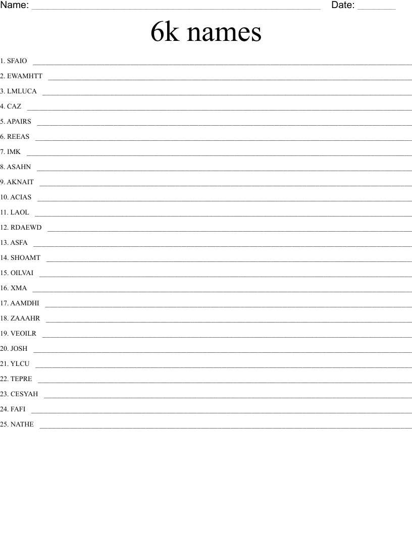 6k names Word Scramble