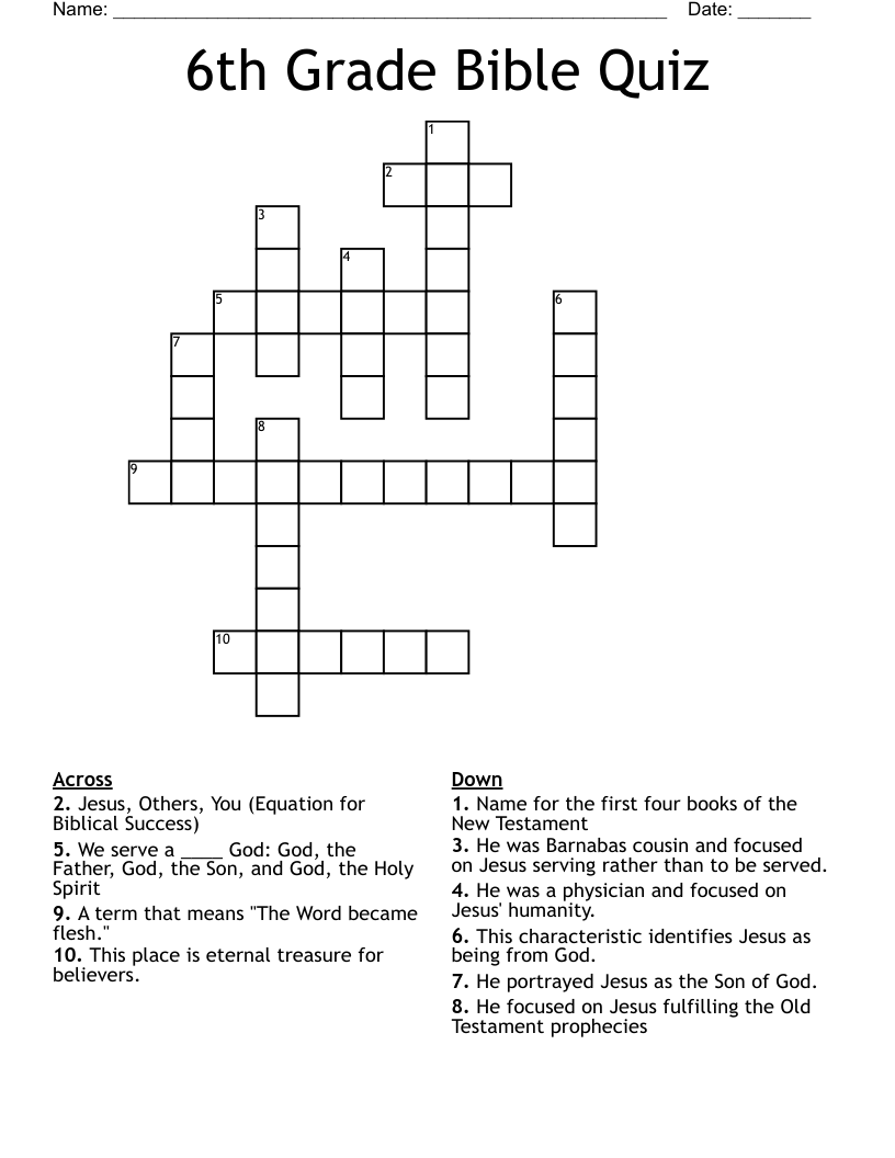 6th Grade Bible Quiz Crossword