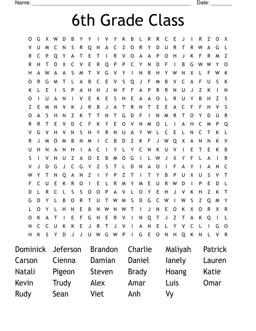 6th Grade Class Word Search