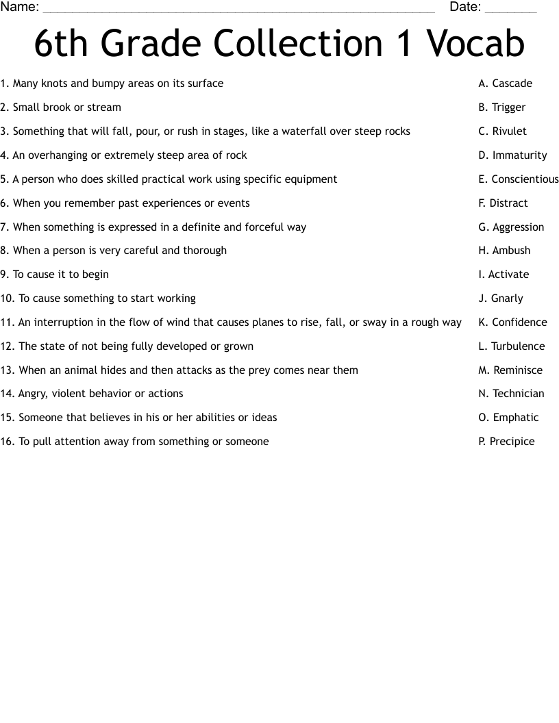 6th Grade Collection 1 Vocab  Worksheet