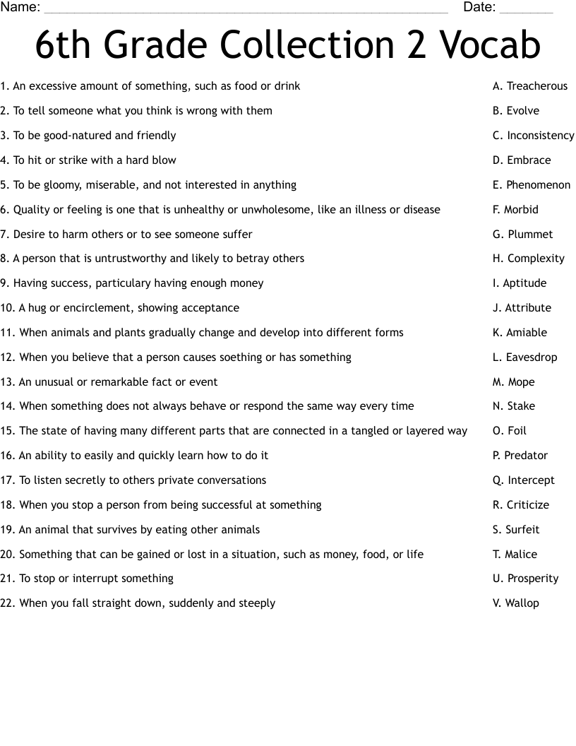 6th Grade Collection 2 Vocab  Worksheet