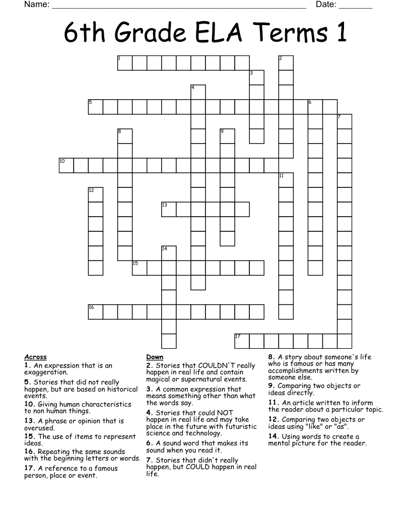 6th Grade ELA Terms 1 Crossword