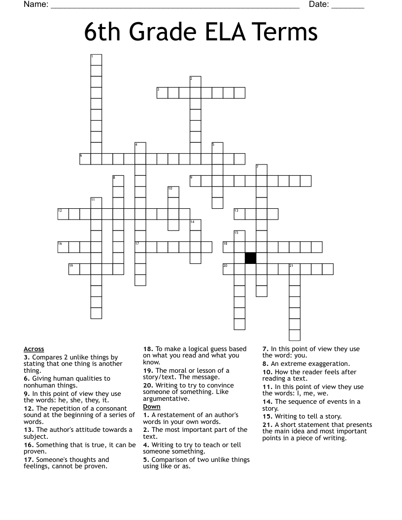 6th Grade ELA Terms Crossword