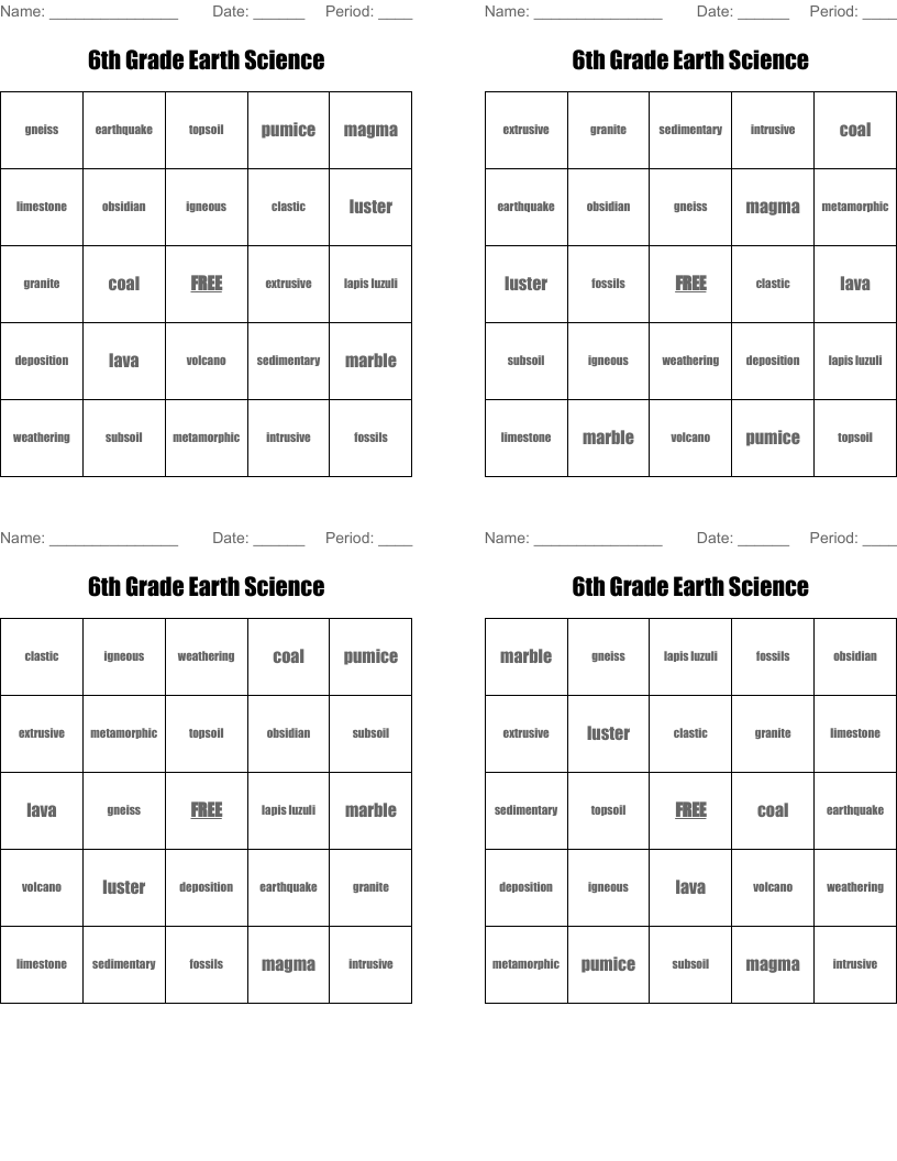 6th Grade Earth Science  Bingo Cards