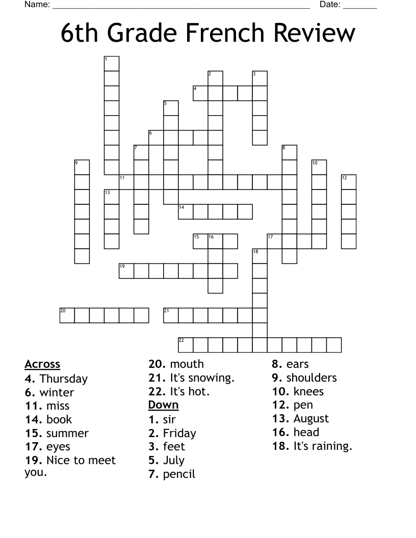 6th Grade French Review Crossword