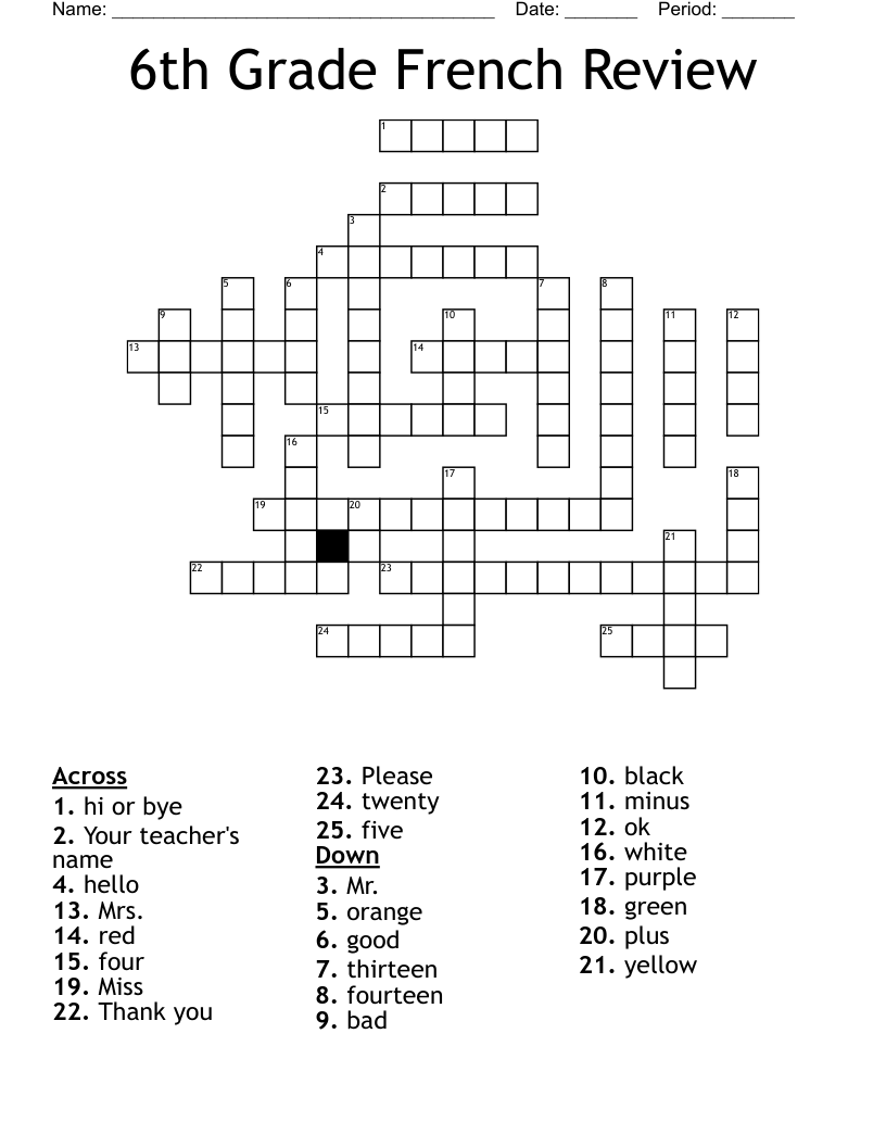 6th Grade French Review Crossword