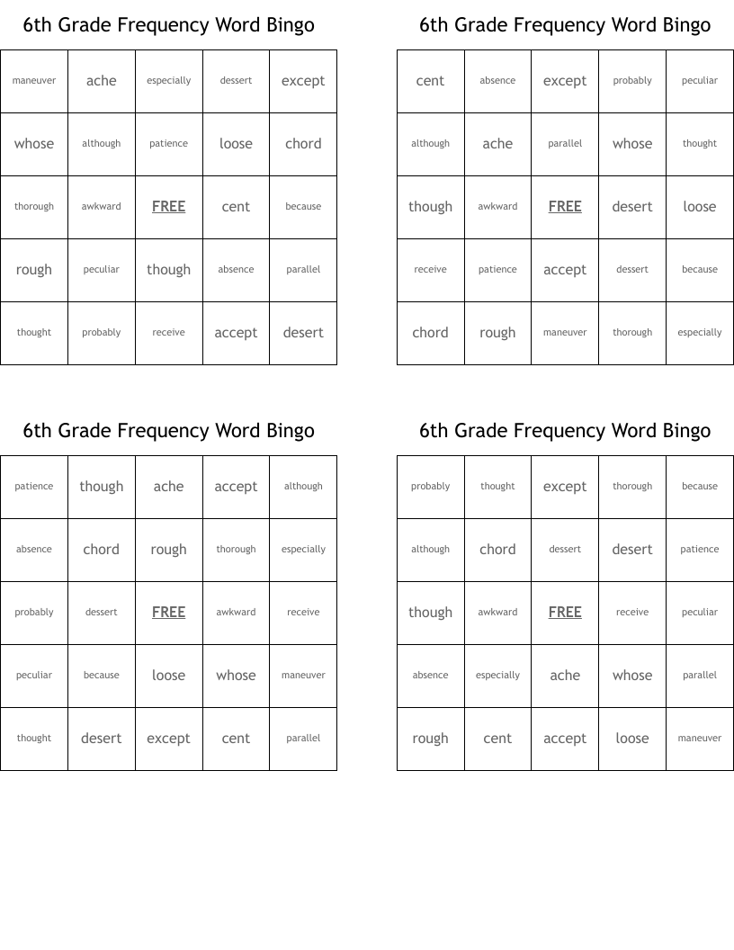 6th Grade Frequency Word Bingo