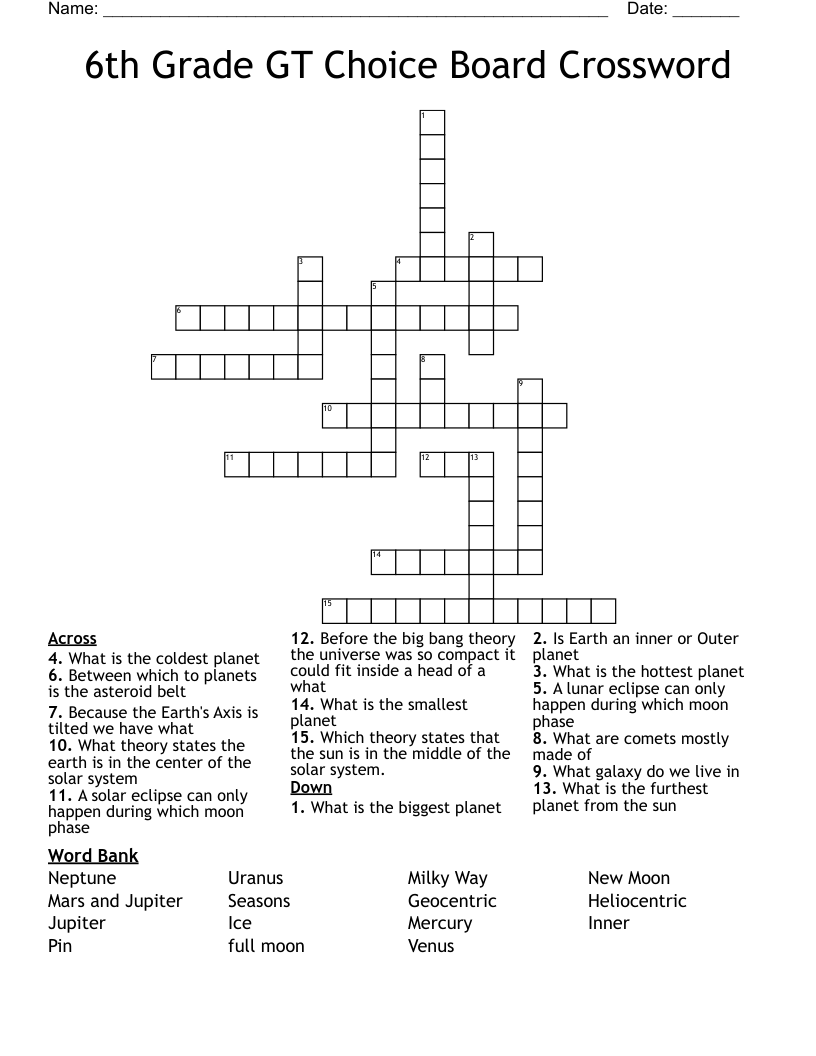 6th Grade GT Choice Board Crossword