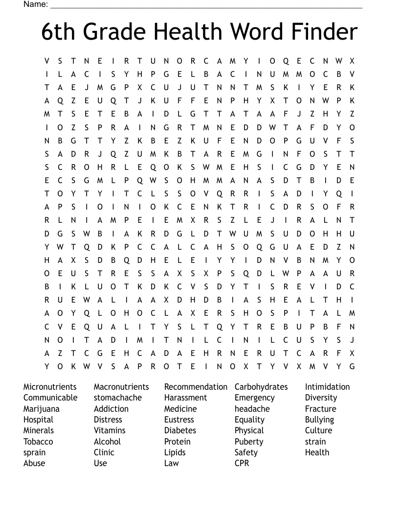 6th Grade Health Word Finder Word Search