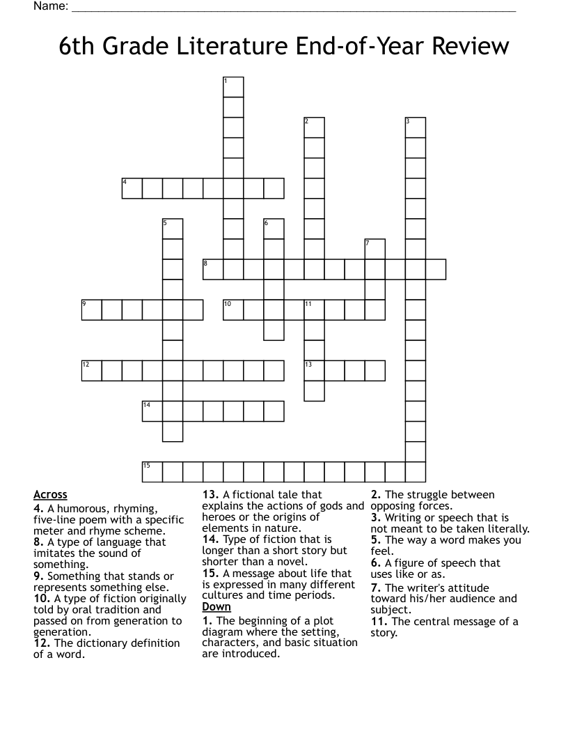 6th Grade Literature End-of-Year Review Crossword