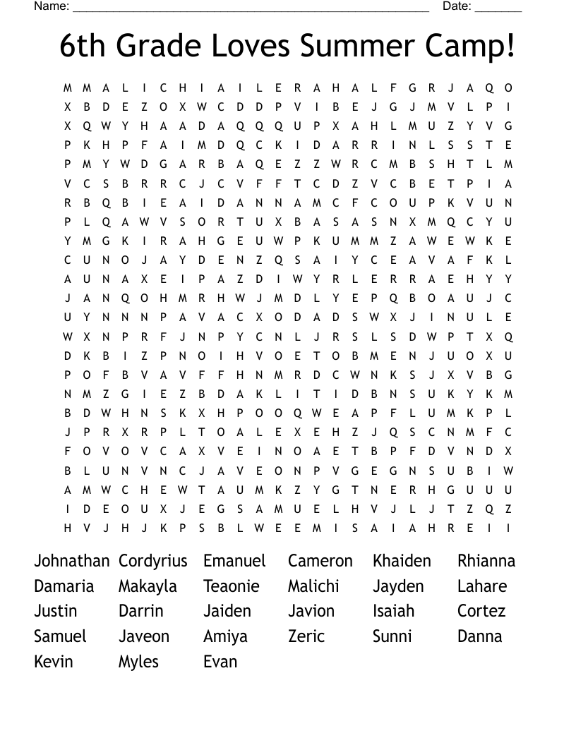 6th Grade Loves Summer Camp! Word Search