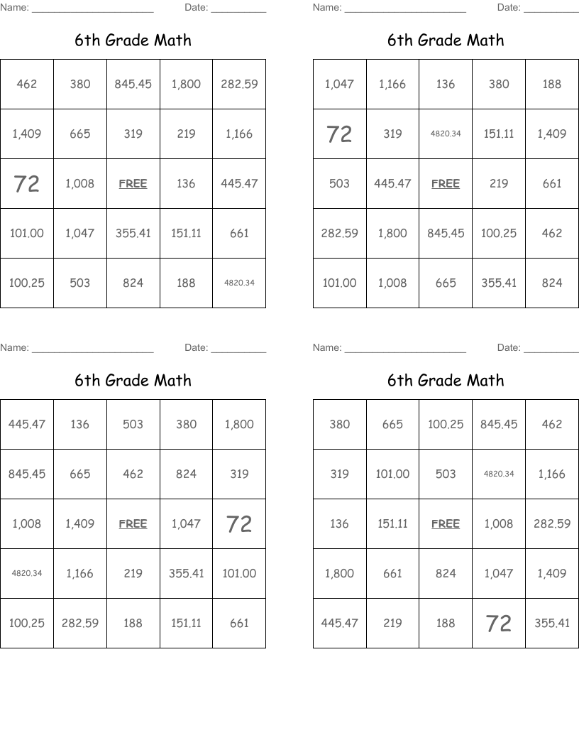 6th Grade Math Bingo Cards
