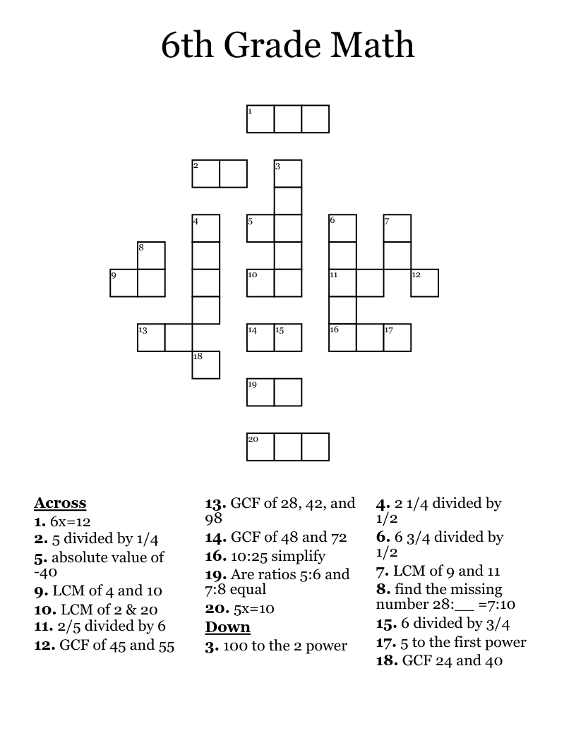 6th Grade Math Crossword
