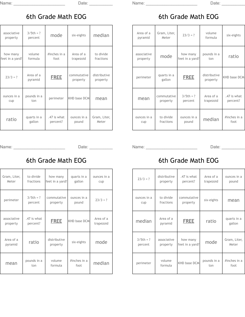 6th Grade Math EOG Bingo Cards