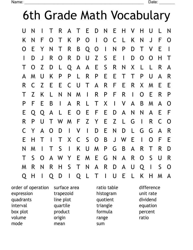 6th Grade Math Vocabulary Word Search
