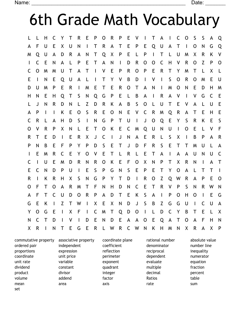 6th Grade Math Vocabulary Word Search