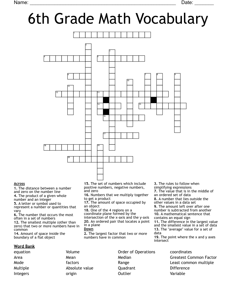 6th Grade Math Vocabulary Crossword