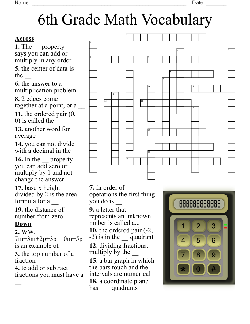6th Grade Math Vocabulary Crossword
