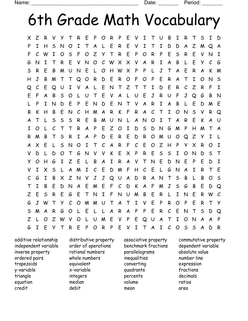 6th Grade Math Vocabulary  Word Search