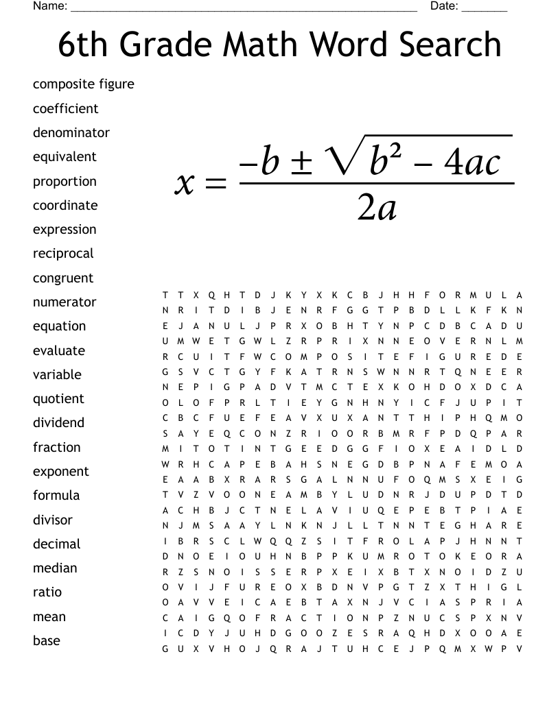 6th Grade Math Word Search
