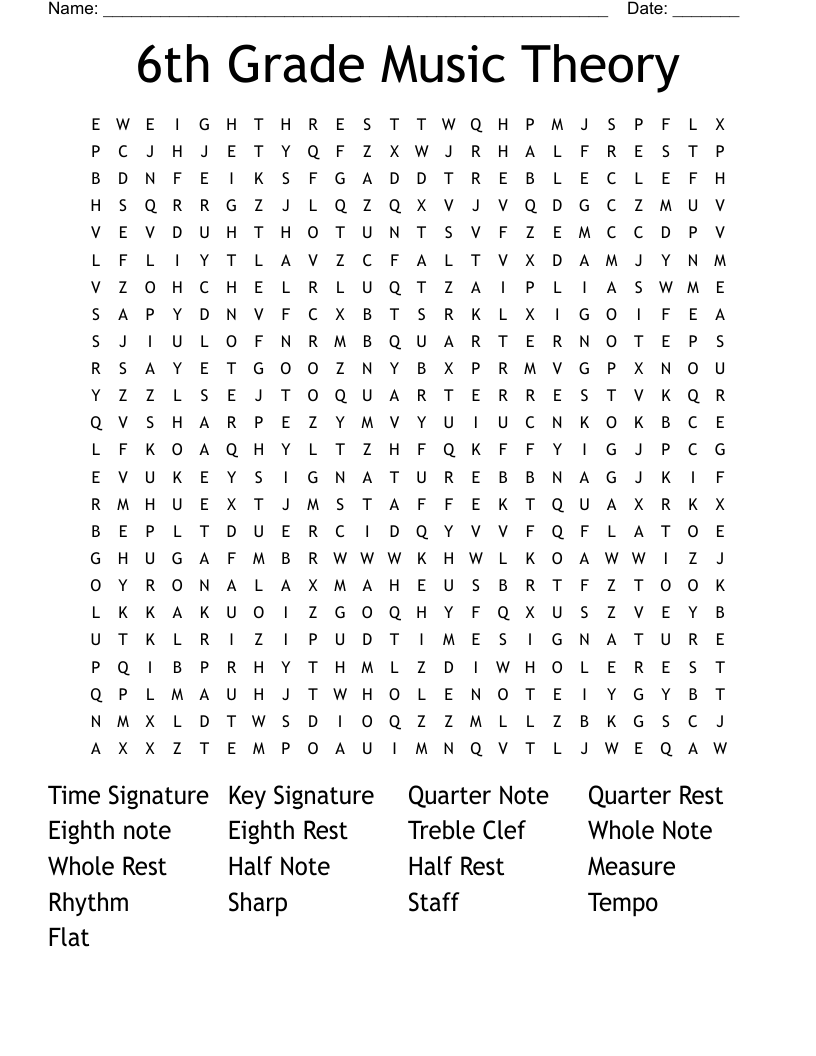 6th Grade Music Theory Word Search
