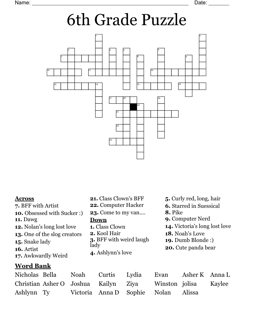 6th Grade Puzzle Crossword