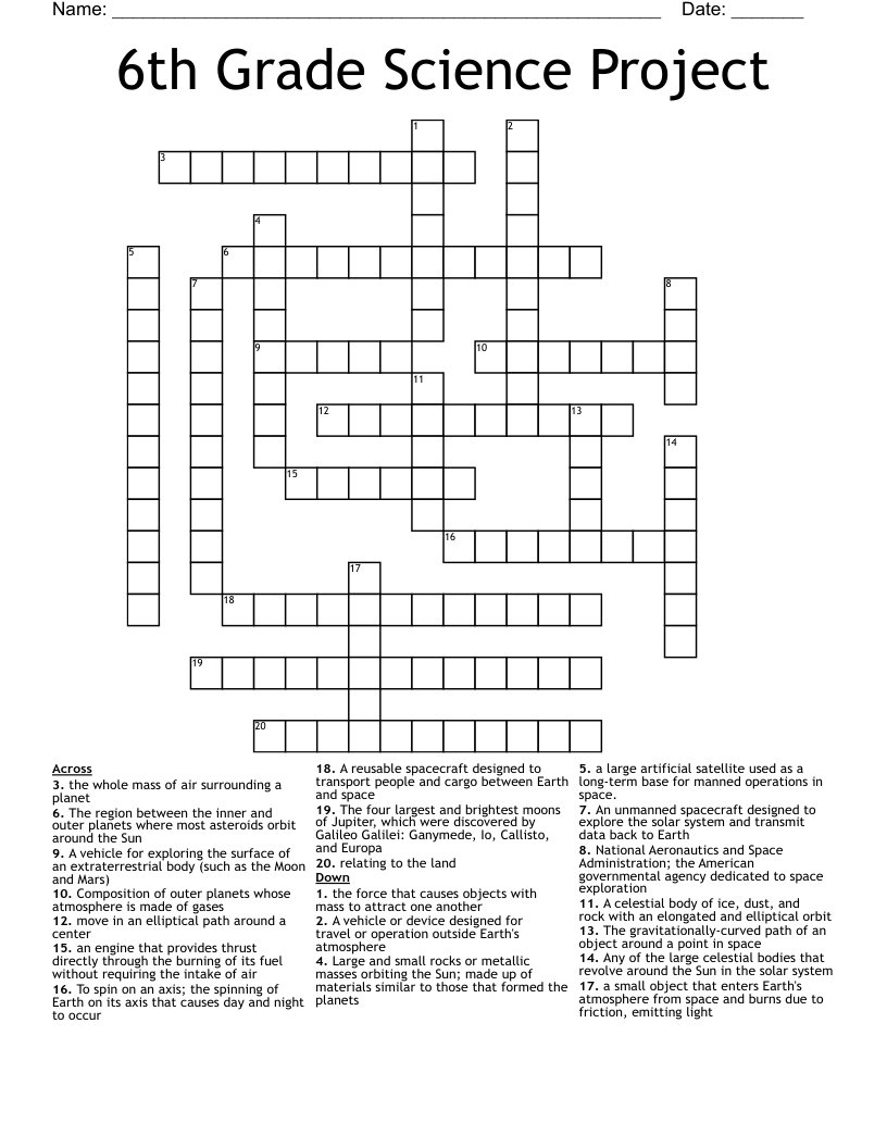 6th Grade Science Project Crossword