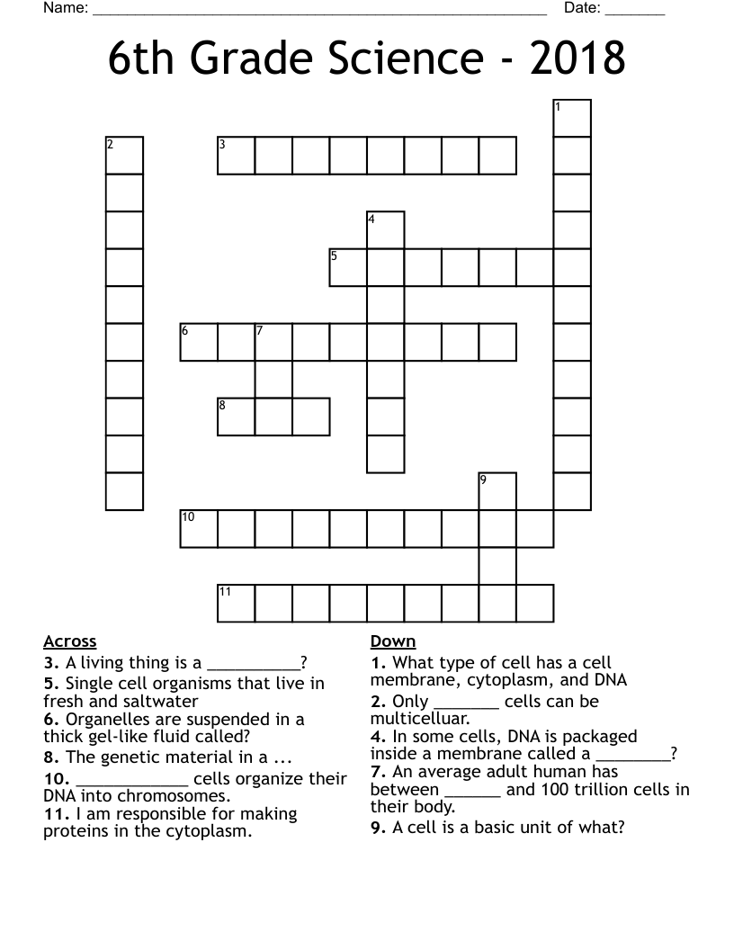6th Grade Science - 2018 Crossword